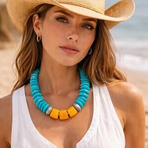 Sudha Chunky Beaded Necklace Southwest Statement Turquoise 19" India NWT Orange